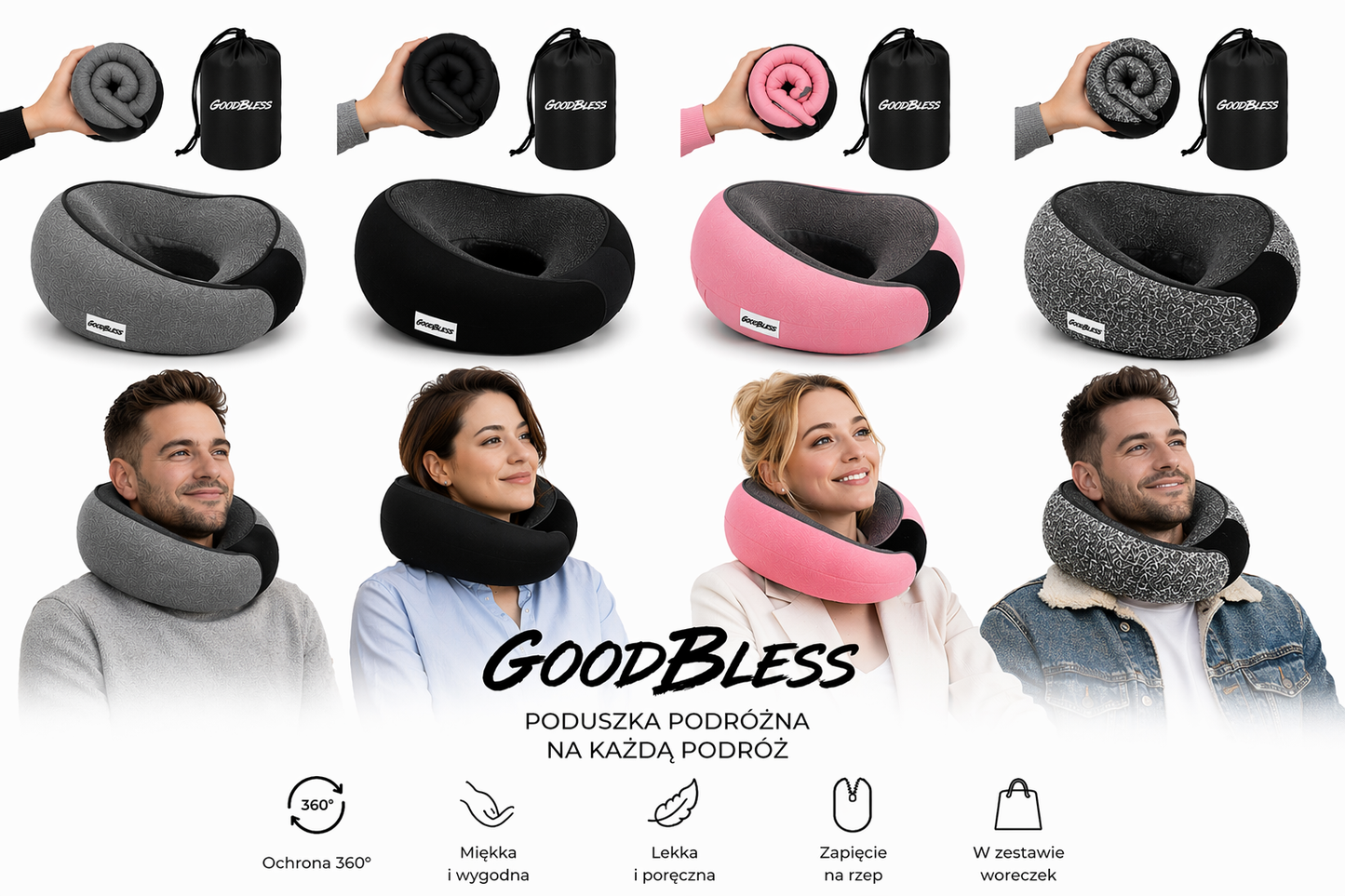 Poduszka Podróżna GOODBLESS na Kark Poduszka Turystyczna na szyję z ochroną 360°